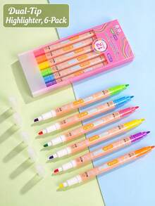 6pcs 12-Color Dual-Tip Layering Fluorescent Markers, One Fine Tip Marker, Clear Layering Without Smudging, Student Classroom Notes, Planner, Drawing, Colorful Marker Stationery - Sets - View 2
