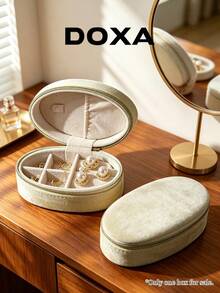 DOXA Beige Oval Velvet Zipper Jewelry Organizer Box With Compartments Anti-Tangle Earring Ring Necklace Travel Portable Storage Box - Off-white - View 1