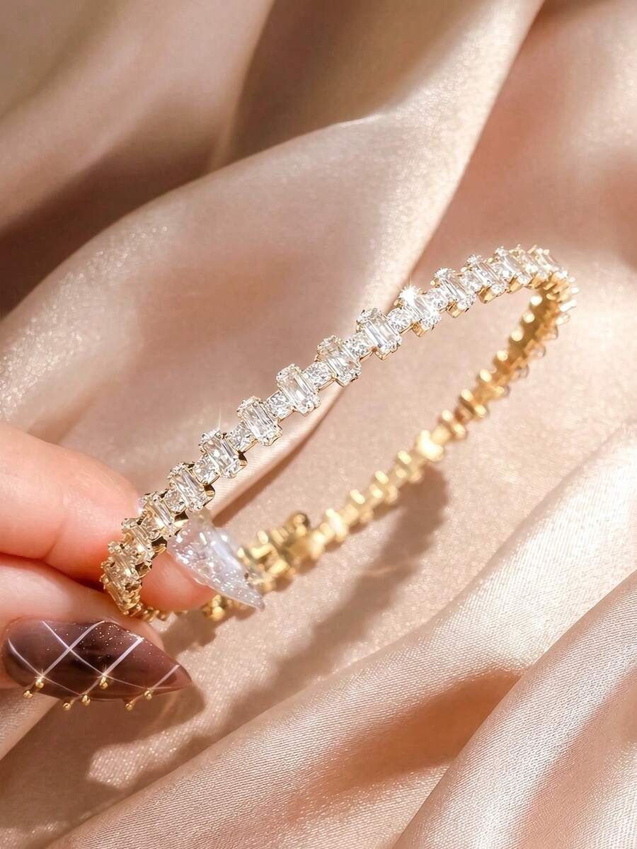 rakol 1pc Sparkly Cubic Zirconia Bangle Bracelet For Women - Elegant Crystal Tennis Bracelet Daily Stackable Jewelry Gift