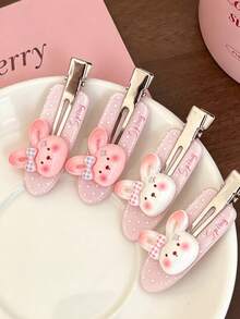 2PCS Cute Rabbit Hair Clips, Girly Pink Plaid Bow Alligator Hair Clips, Fresh Glitter Side Clips, Cartoon Bangs Clips - Multicolor - View 2
