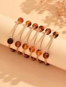6pcs/Set Vintage Amber Pattern Round Bead Metal Splicing Bracelets, Fashionable Versatile Women's Hand Jewelry, Suitable For Daily Wear, Dating, Vacation And Party - Multicolor - View 3