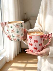 1pc Ceramic Coffee Mug With A 3D Bow Design, Featuring A Bow-Adorned Handle And Decorated With Charming Trees And Bows; A Lovely Tea And Milk Mug, Perfect For Kitchen Table Decor-An Elegant Gift For Girls - Multicolor - View 2