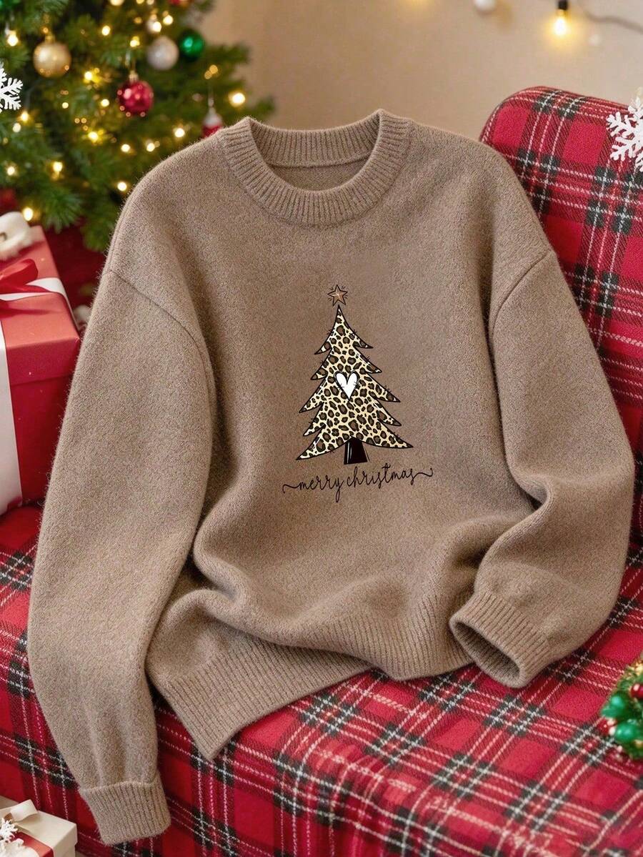 Plus Size Women's Vintage Christmas Tree Print Long Sleeve Crew Neck Sweater, Leopard Trim, Christmas Winter Top - Earth Gray - View 1