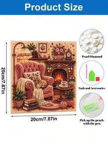 Thanksgiving Cozy Fireplace Room Pearl Art DIY Kit With Frame, Beaded Mosaic Wall Decor - A - View 6