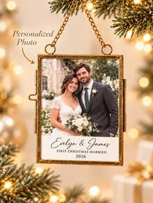 1pc Personalized Photo Frame Christmas Ornament, Customized Couple Photo With Name And Text, Customized Wedding Anniversary Pendant, First Christmas Keepsake After Marriage, Christmas Tree Decoration Gift, For Newlyweds - Multicolor - View 1