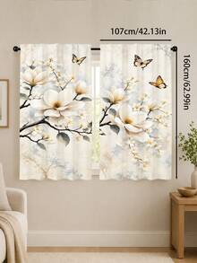 2pcs Vintage Magnolia Butterfly Pattern Printed Curtains, Single-Sided Printing, Semi-Sheer - Rod Pocket Curtains, Bedroom Living Room Kitchen Decor, Multiple Sizes Available, Privacy Protection, Machine Washable, Fade-Resistant Curtains (Rod Not Included) - A - View 12