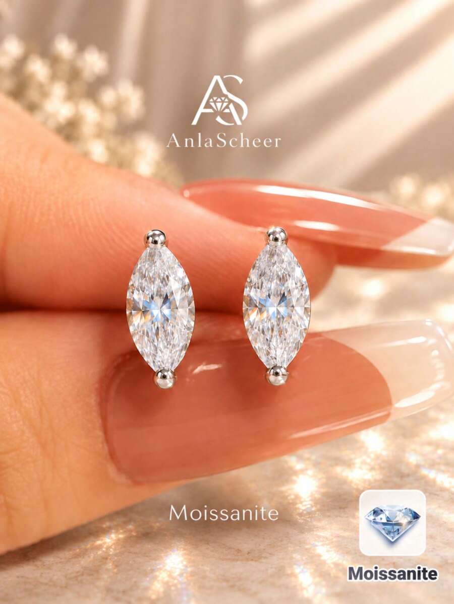 AnlaScheer 1pc S925 Sterling Silver Marquise Moissanite Flat Back Stud Earrings, Multiple Sizes, Silver Fine Jewelry For Women, Suitable For Daily Wear, Party, Date, Gift