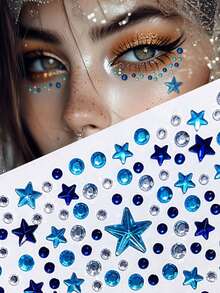 1 Sheet Blue Star Rhinestone Face Sticker, Self-Adhesive 3D Star & Round Crystal Gems, Sparkly Eye Face Body Jewel Decal, Halloween Christmas Music Festival Rave Party Makeup DIY Decor For Women Cosplay Photoshoot - Multicolor - View 1