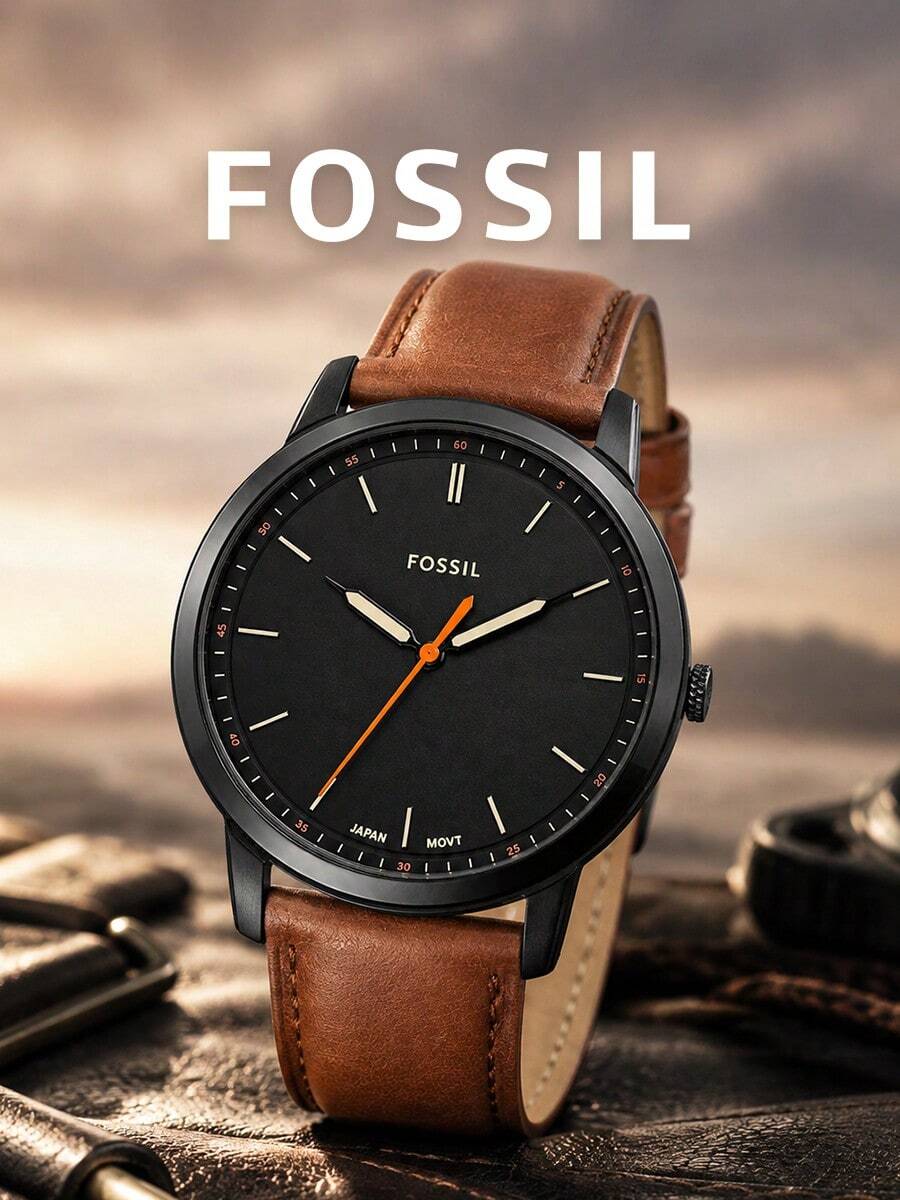 FS5305 Fossil Men's Quartz Watch Brown Genuine Leather Strap Round Matte Dial Orange Second Hand Minimalist Casual Wristwatch, Fit For Daily Commute - one-size - View 1