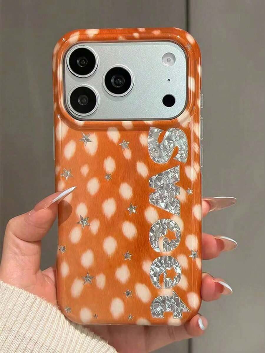 1pc Orange White Polka Dot Pattern Phone Case With Rhinestone Letter Design,Compatible With IPhone 18 Pro Max 17 Pro Max 16 Pro Max 15 Pro Max 14 Pro Max & 11/12/13/14/15/16/17/18 Pro/Plus - Multicolor - View 1