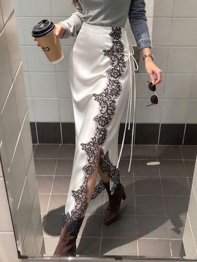 Elegant Women's A-Line Wrap Skirt, Black Contrast Lace And Knot Design, Fashionable Mid-Length Skirt