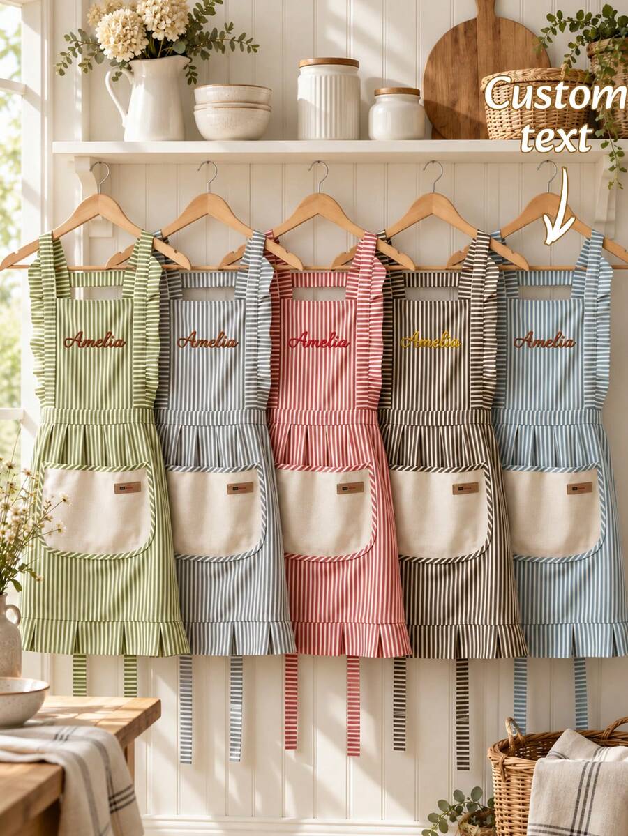 1PC Personalized Custom Embroidered Ruffle Apron, Striped Cooking Bib With Patch Pocket And Back Tie, Custom Name Kitchen Wear For Baking Crafting Gardening Housework, Memorable Holiday Gift For Family