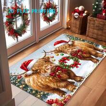 1pc, 2D Flat Printing, Christmas Highland Cow Doormat, Holiday Atmosphere Entryway Non-Slip Carpet, Anti-Slip Machine Washable Easy Clean Polyester Rug, Suitable For Home And Outdoor Decor, Entryway, Bedroom, Balcony, Gift Home Decor - A - View 3