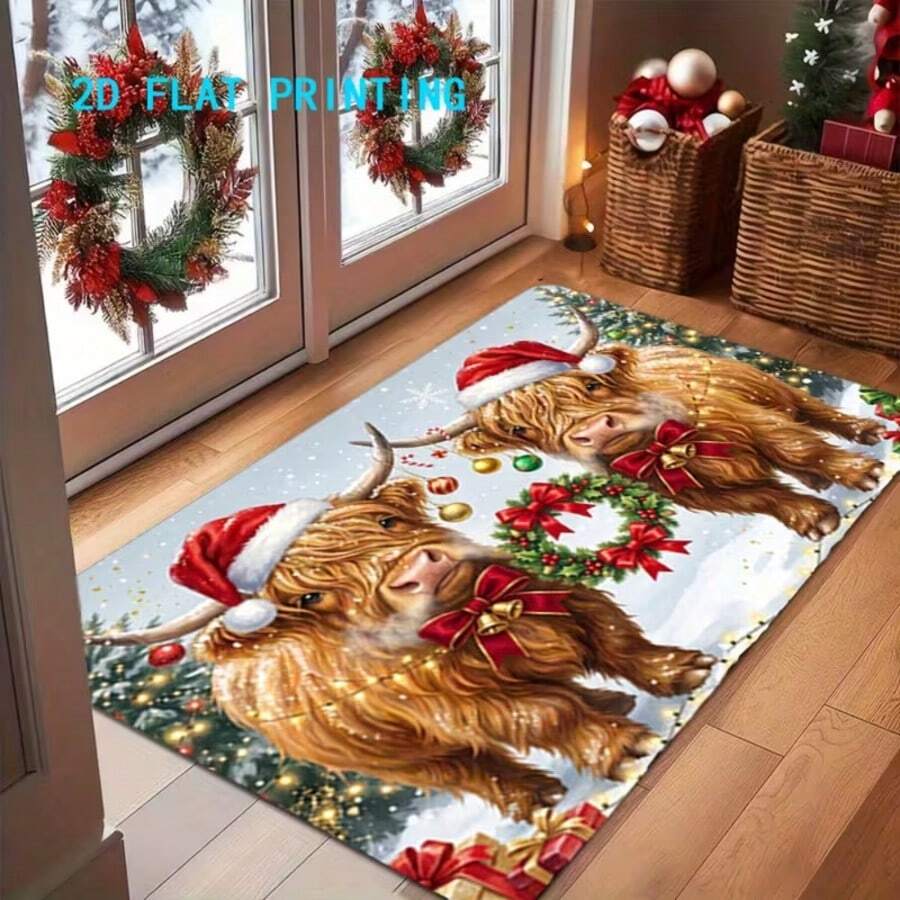 1pc, 2D Flat Printing, Christmas Highland Cow Doormat, Holiday Atmosphere Entryway Non-Slip Carpet, Anti-Slip Machine Washable Easy Clean Polyester Rug, Suitable For Home And Outdoor Decor, Entryway, Bedroom, Balcony, Gift Home Decor - A - View 1