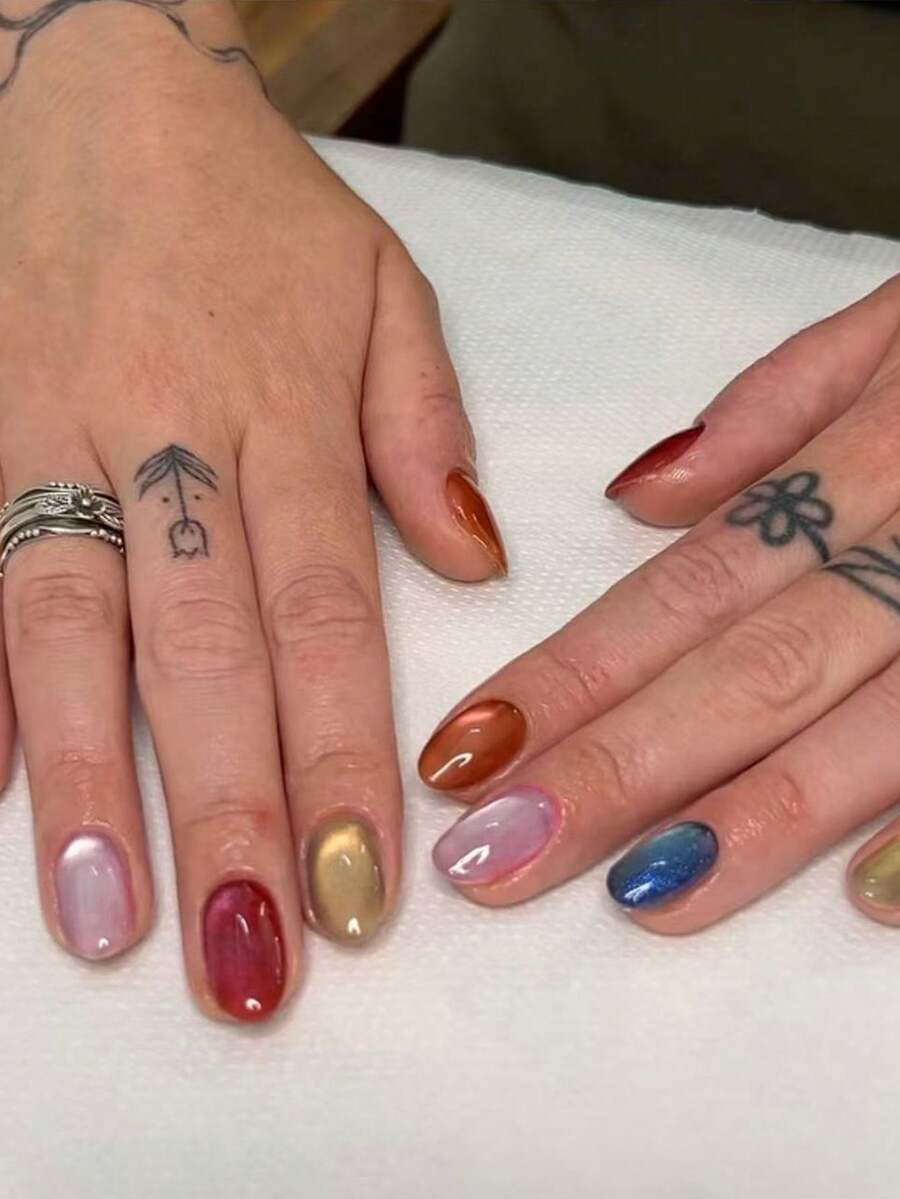 30片Y2K短橢圓貓眼穿戴甲,彩色水晶貓眼美甲,紅色美甲、藍色美甲、黃色貓眼美甲,壓克力假指甲套組,含1片果凍膠與1片指甲锉 - 彩色 - 查看 1