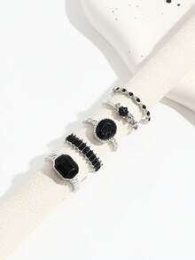 Bộ 5 nhẫn nữ phong cách Ins đính đá giả đen hình thoi và đá rhinestone, nhẫn đá rhinestone đen nhiều chi tiết - Bạc - Xem 4