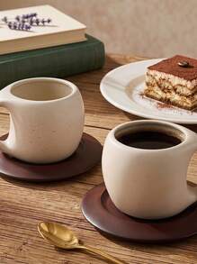 Cirelle 1 Set Retro Ceramic Coffee Cup & Saucer With Wooden Coaster And Metal Spoon, Handmade Rough Pottery Design, Personalized Coffee Cup Set For Couples Back To School - White - View 3