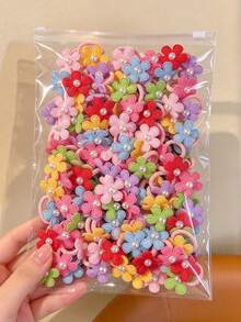 30pcs Kids Multicolor Towel Ring Pearl Flower Small Hair Ties, High Elasticity, Non-Damaging Hair Accessories For Girls And Babies, Daily Use - Multicolor - View 4