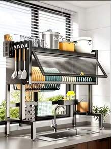 NEW Minimalist Reinforced Metal Drainer For Dishes Above The Sink With A Thickened Structure And Dustproof Cabinet Door, Large Capacity, Multifunctional Kitchen Storage Organiser For Home - View 3