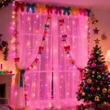 100/200/300LED Pink Curtain Fairy Lights, USB Powered LED String Lights With 8 Lighting Modes, Bedroom Wall Hanging Decor, Christmas Tree Hanging Lights, Party Wedding Birthday Halloween New Year Home Decoration Gift - USB Pink Curtain Lights - View 8