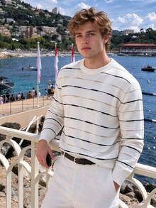 Camvyn Men's Sweater, Autumn/Winter 12-Gauge Striped Slim Fit Regular Shoulder Crew Neck Long Sleeve, Casual Everyday Versatile - White - View 1