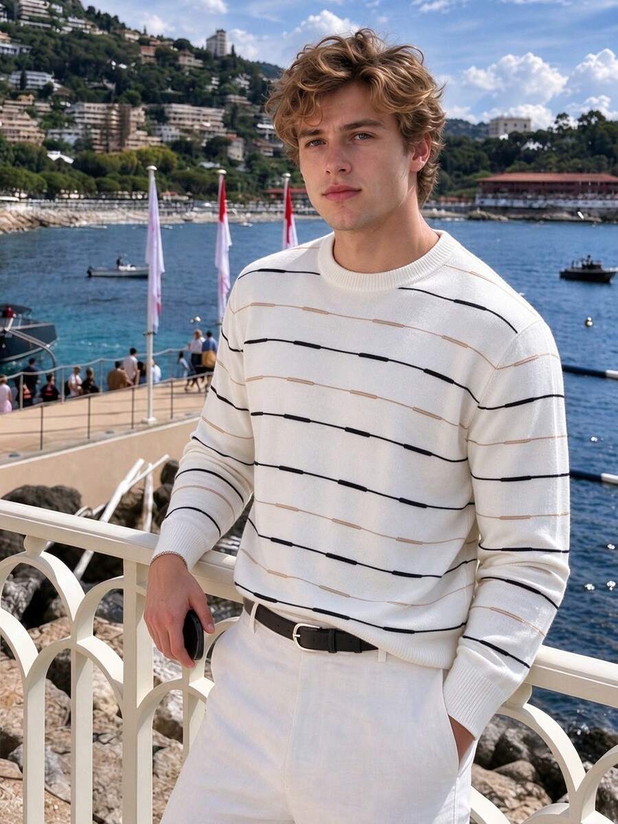 Camvyn Men's Sweater, Autumn/Winter 12-Gauge Striped Slim Fit Regular Shoulder Crew Neck Long Sleeve, Casual Everyday Versatile - White - View 1