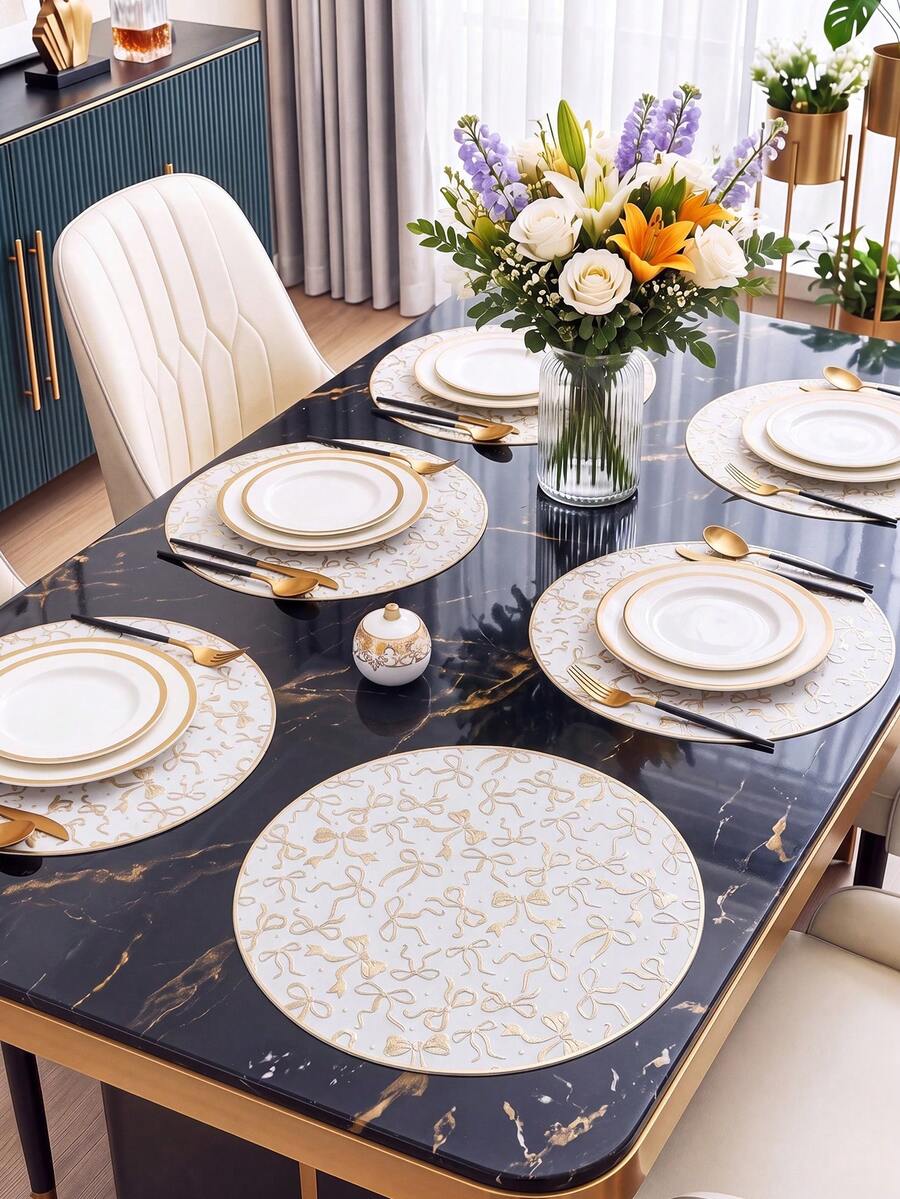 Tkvega • Home 12pcs Gold Bow Placemats, PVC Material 3D Round Luxury Romantic Style Heat-Insulating Waterproof, Beautiful Vase Mat 38cm, Coffee Cup Mat 10cm, Washable, Easy To Clean, Wipeable, Non-Slip, Heat-Resistant, For Room Decor, Home Dining Table Decor, Home Decor, Suitable For Holidays, Parties, Birthdays, Weddings And Dinners - Multicolor - View 1