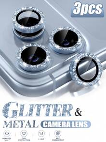 3 Packs Camera Lens Protectors Compatible With IPhone 18 Pro/18 Pro Max - Glitter Light Blue Ultra-HD 9H Tempered Glass Lens Covers (With Metal Decorative Rings) (Glitter Light Blue) - Baby Blue - View 6