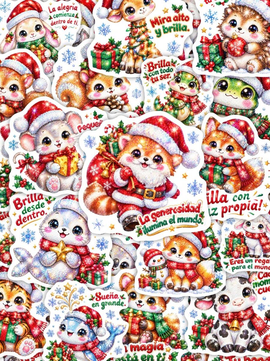 50Pcs Spanish Inspirational Christmas Animal Stickers, Bling Glitter ...
