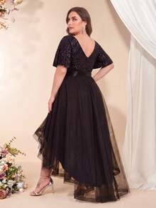 XUCTHHC Plus Size V-Neck Ruffle Sleeve Sequin High-Low Hem Mesh Skirt Black Party Evening Dress, Elegant Formal Ball Gown, Cocktail Dress, Wedding Guest Dress, Autumn/Winter - Black - View 1