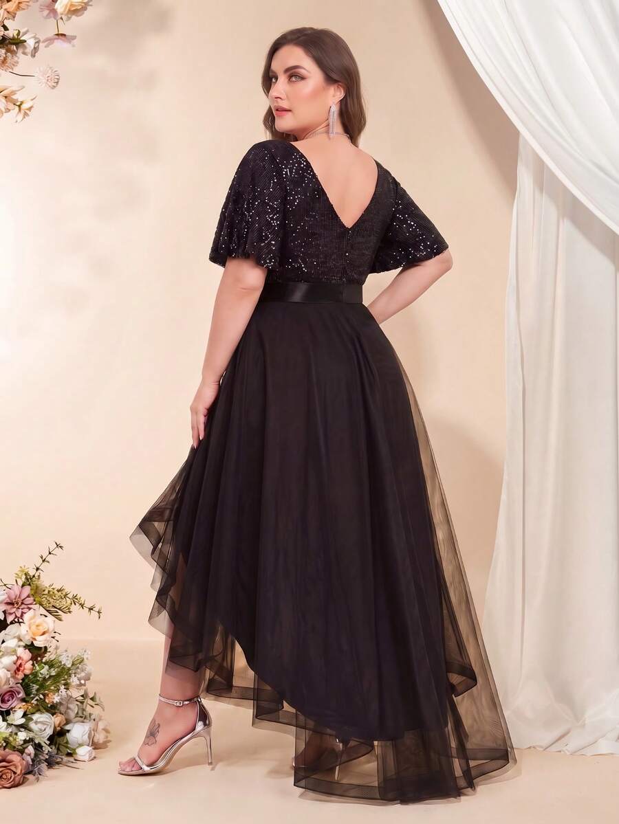 XUCTHHC Plus Size V-Neck Ruffle Sleeve Sequin High-Low Hem Mesh Skirt Black Party Evening Dress, Elegant Formal Ball Gown, Cocktail Dress, Wedding Guest Dress, Autumn/Winter - Black - View 1