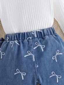 Girls Sweet Ruffle High Neck Knitted Top & Bow Print Denim Split Skort 2pcs Set, Spring Autumn Fashion - White - View 4