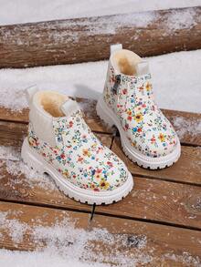 1 Pair New Children's Thermal Lined Floral Ankle Boots, Side Zipper Design Easy To Put On And Take Off, Thick Sole Anti-Slip Warm Soft Bottom Boots For Infants - White - View 2