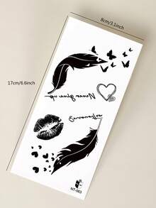 1pc Black Feather Lip Print Heart English Pattern Party Gift Holiday Gift DIY Music Festival Temporary Tattoo Sticker For Arm Shoulder Neck Collarbone Waterproof Body Skin Tattoo - Black - View 8