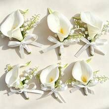 6pcs Mori Style Aesthetic Corsage Set For Groom And Bride, Ivory White Calla Lily With Artificial Greenery, Wedding Decor, Evening Party, Anniversary - Multicolor - View 2