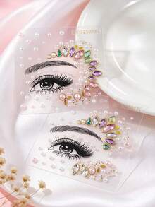 2pcs Face Gem Rhinestone Stickers, Self-Adhesive Eye Rhinestone Pearl Crystal Stickers, Festival Face & Body Glitter Stickers, Suitable For Music Festival, Carnival, Christmas, Party, Cosplay Makeup - Multicolor - View 5