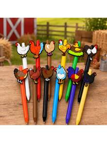 5/10pcs Funny Ballpoint Pens For Chicken Lovers, Featuring Rooster, Turkey, Hen And Other Farm Animal Patterns, Suitable For Chicken Lovers, Farm Christmas Party Decor, Office Desk Pet Supplies, Random Styles - Chicken - View 9