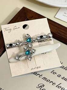 2PCS Sweet Cool Style Cross Hair Clips Side Bang Clips Niche Design Exquisite Rhinestone Heart Alligator Hair Clips For Women - Multicolor - View 5