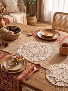 1/2/4/6pcs Ditsy Floral Embroidered Solid Color Round Placemats, Bohemian Style Kitchen Decor, Dining Table Mats, Coasters For Cups/Bowls/Plates, Non-Slip, Suitable For Holidays, Parties, Birthdays, Weddings, Dinners, Offices, Coffee Tables, Home Decor, All Seasons - Champagne - View 11