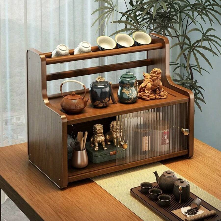 New Chinese-Style Tea Holder Bogu Shelf, Tea Set And Water Cup Storage Cabinet On The Table Of The Living Room, Bar Decoration In The Home Study, Upper Cup Holder Can Hang Tea Cups , Layered Multi-Grid Design - Multicolor - View 1