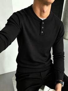 Vintage Henley Collar Knitted Sweater Men's Autumn/Winter Black 3-Button Half-Placket Simple Long Sleeve Inner Layer Knit Top - Black - View 2