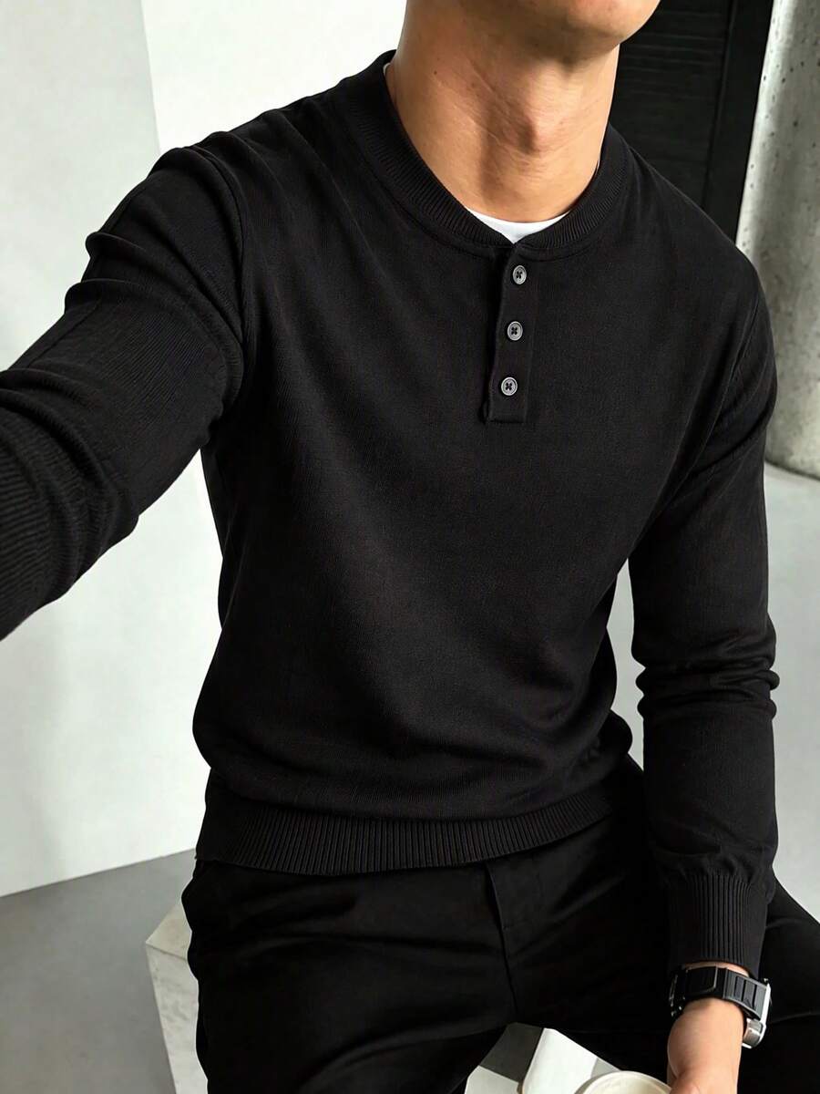 Vintage Henley Collar Knitted Sweater Men's Autumn/Winter Black 3-Button Half-Placket Simple Long Sleeve Inner Layer Knit Top