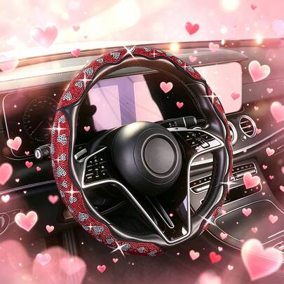 3pcs Steering Wheel Cover Accessories, Car Interior Decoration, Heart-Shaped Pattern Premium Shiny Crystal Rhinestone Steering Wheel Cover, All-Season Universal Car Interior, Car Accessories, Women's Car Tools, Essential Car Tools, Women's Premium Gift