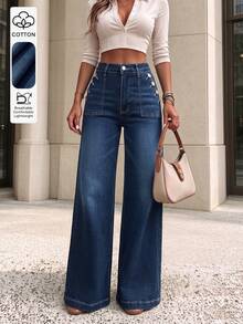 New Elegant Elegant Button Detail Design Straight Leg Jeans, Long Casual Style Suitable For Multiple Occasions - Dark Wash - View 1