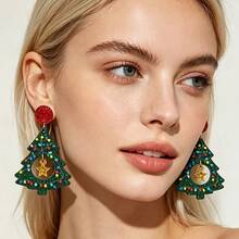 Glitter Hollow Christmas Tree Earrings, Colorful Light String & Gold Star Pendant Ear Studs, Christmas Holiday Party Accessories - Multicolor - View 5