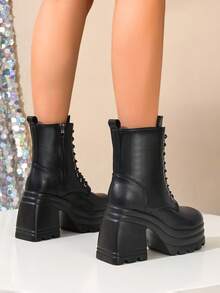 Women's Fashion Wedge Heel Thick Sole Snow Boots With Side Zipper - Black - View 5