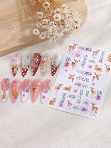Deer & Floral Nail Stickers, Cute Deer & Flower English Handwritten Letter Nail Decals, DIY Nail Art For Nail Enthusiasts, Create Romantic & Sweet Nail Designs, Rich Deer, Pink Flower & Handwritten Text Patterns, Suitable For Daily & Date Nail Art - Multicolor - View 6
