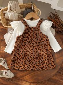 2pcs Set Baju Terusan Bayi Perempuan Lucu Gaya Mori Lengan Panjang Bergaris & Motif Leopard Corduroy, Tipis untuk Musim Semi/Gugur - Khaki - View 2