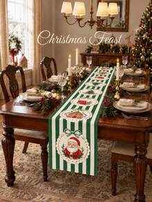 1pc/2pcs Christmas Table Runner 13x72 Inch Santa Gingerbread House Print, Red White Striped Holiday Table Decor, Vintage Farmhouse Christmas Dining Room Decoration, Winter Home Party Supplies - Green Stripes - View 7