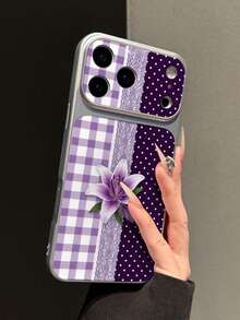 1pc Purple Lily Floral Patchwork Print Leather Texture Phone Case Electroplated Matte Silver Edge Plaid Lace Polka Dot Pattern Full Coverage 1.5mm Anti-Drop Creative Raised Large Window Instant Change 18PM Precise Lens Cutout Soft Shell Daily Suitable For IPhone18Pro/18Promax/17/17Pro/17PROMAX/16/16Pro/16PLUS/16PROMAX/15/11/12/13/14/15Pro/14Pro/13Pro/15PROMAX/14PROMAX/13PROMAX - Multicolor - View 2